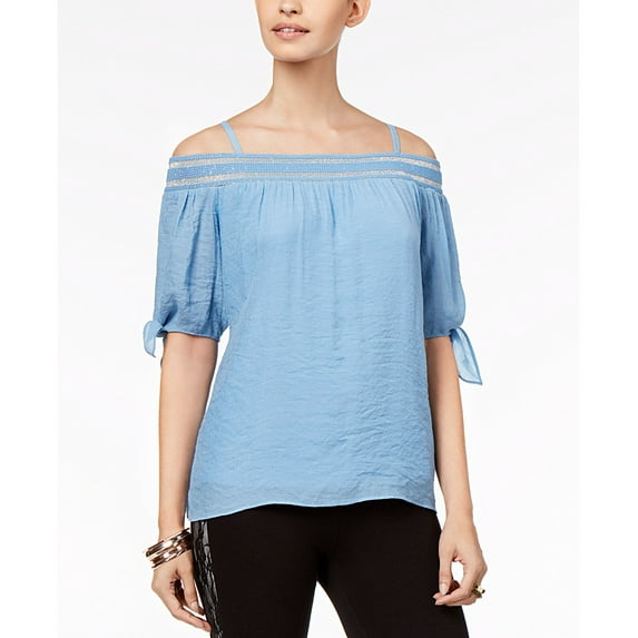 Thalia Sodi Tie Sleeve Off The Shoulder Gauze Top Chambray XXL
