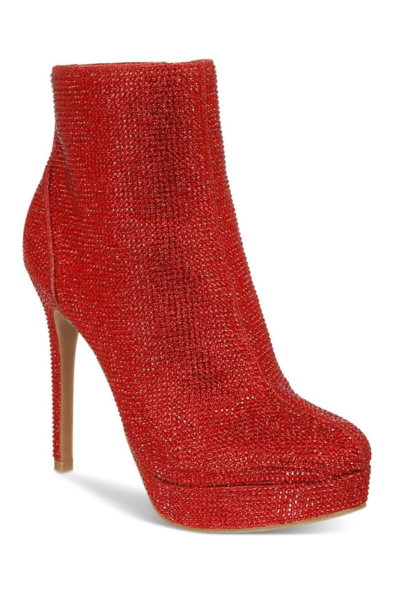 Womens Red Rhinestone Padded Chiara Round Toe Stiletto Zip-Up Dress Boots 6 M