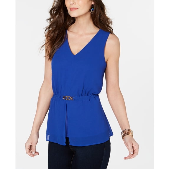 Thalia Sodi Women's Sleeveless V Neck Peplum Top Blue Size Small