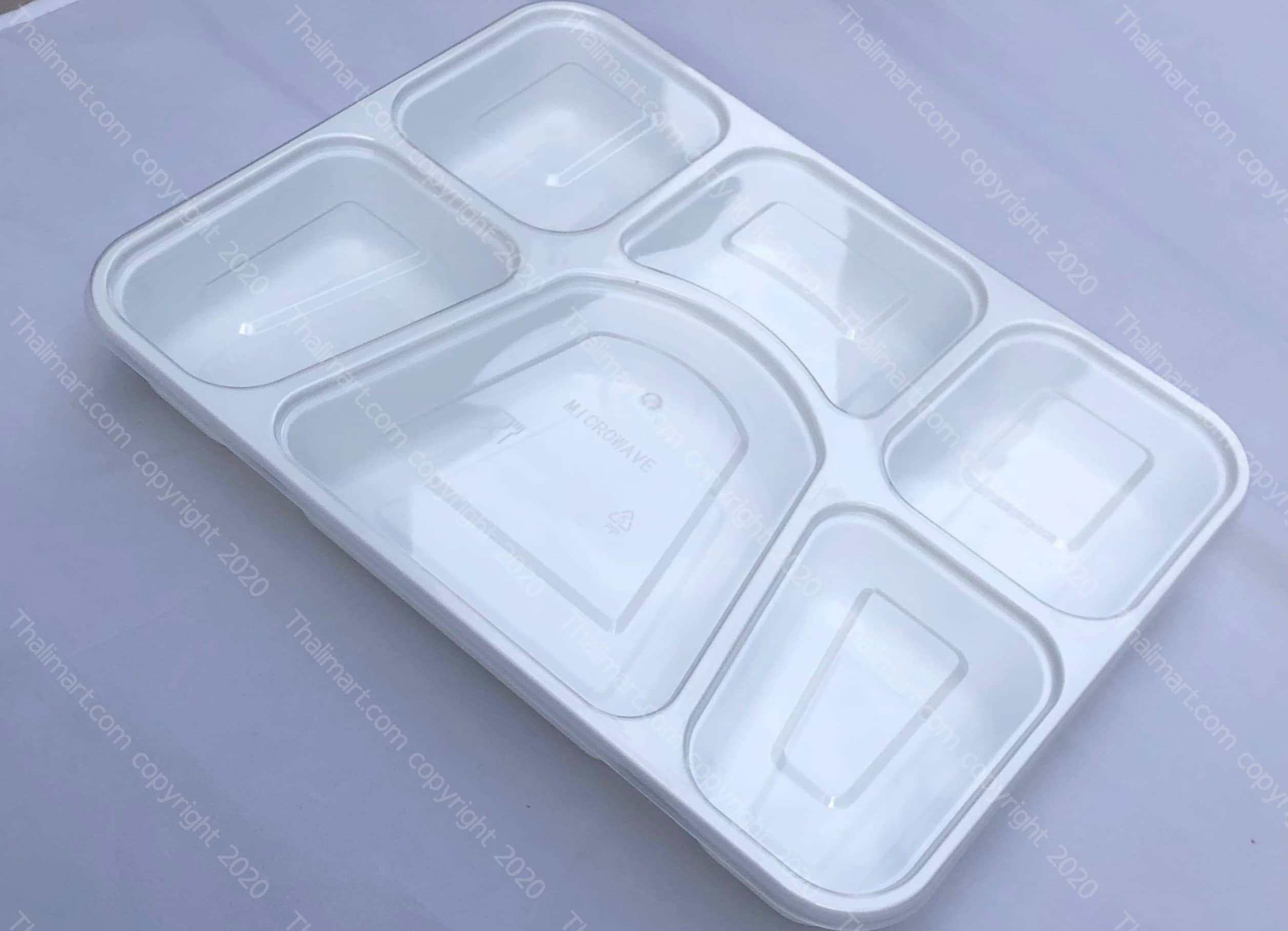 Thalimart 100 Plates & Lids Disposable Rectangle 6 Compartment Plastic  Plate White with Clear Lid