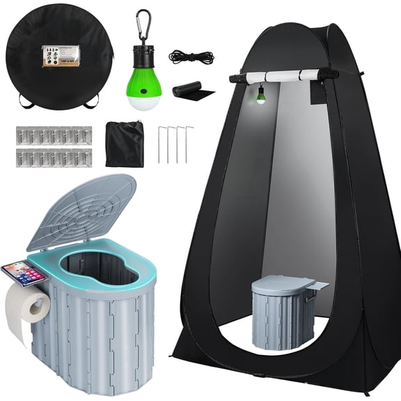 Thallike Outdoor Portable Toilet Set with Pop-Up Privacy Tent,Folding Toilet Potty for Adults Load Capacity of 400 lbs,LED-Light Camping Bathroom for RV Travel