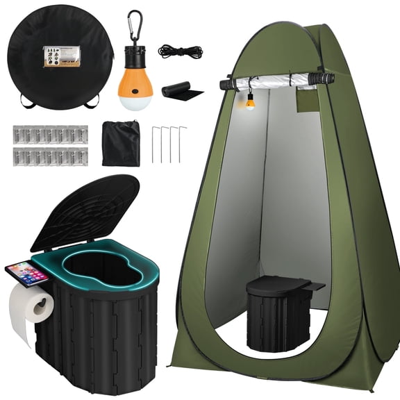 Thallike Outdoor Portable Toilet Set with Pop-Up Privacy Tent for Adults Load Capacity of 400 lbs,LED-Light Camping Bathroom for RV Travel