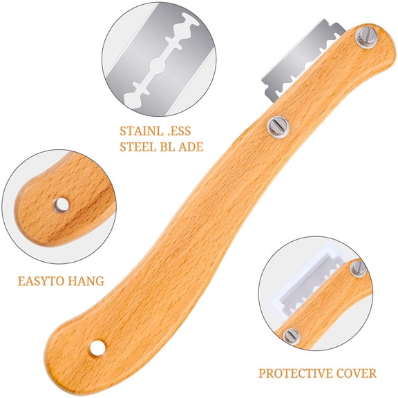 Thalyn Bread Lame Wooden Handle Dough Making Slusher, Stainless Steel Blade Ergonomic Design Bread Slashing Cutter Wooden Handle Easy Installation with 5 Blades for Party