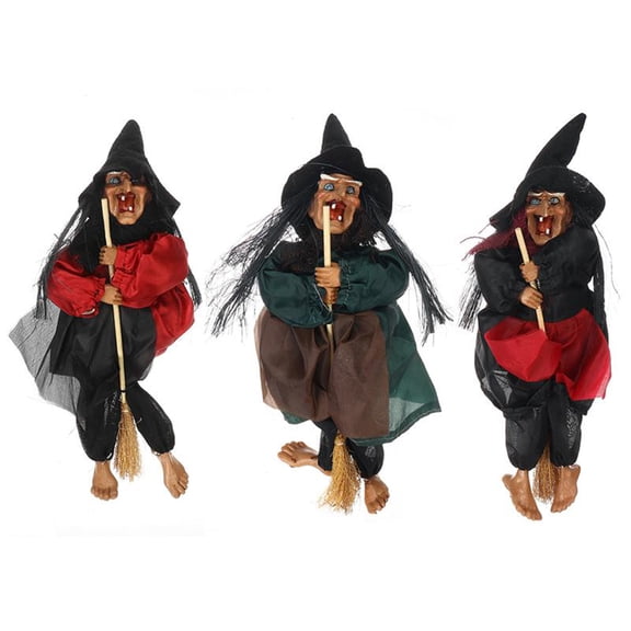 Thalyn Hanging Witch Decoration Toy Halloween Hanging Witch Dolls Animated Ghost Scary Riding Broom Wall Hanging Decoration Toy for Outdoor Home
