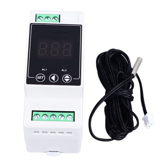 Thalyn Heating Cooling Controller Digital Temperature Controller, AC100-240V 2 Meter Sensing Cord Guide Rail Thermostat with 2 Relays for Laboratory Projects