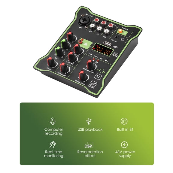 Thalyn Reverb Effect Power 5-Channel Compact Audio Mixer Sound Mixing Console 48V Phantom Power USB Audio Interface LED Display Built-in Reverb Effect BT Function for DJ Recording Live Broadcast