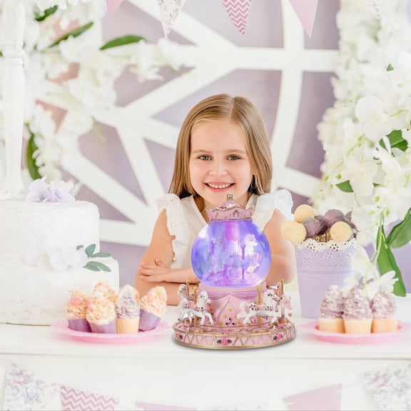 Thalyn Spinning Carousel Music Box Rotating Carousel Music Box Crystal Ball Light-up Snow Globe Wind-up Musical Box Colorful Lights Cute Little Horses Girls Festival Birthday Gift