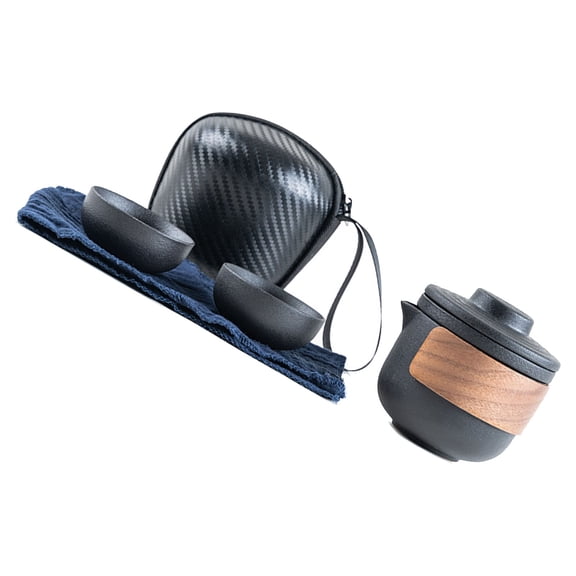 Thalyn Teapot Infuser Set Portable Tea Pot Cup, Travel Tea Set Ceramic Small for Outdoor Black Pot with 2 Cups