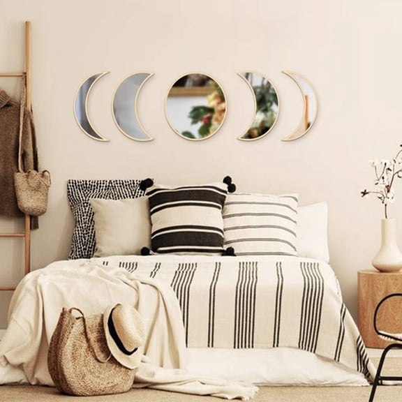 Thalyn Wooden Moon Phase Mirror WOODEN MOON PHASE MIRRORS AESTHETIC BOHEMIAN DECOR SPIRITUAL HOME DECORATION CRESCENT MOON WALL ART