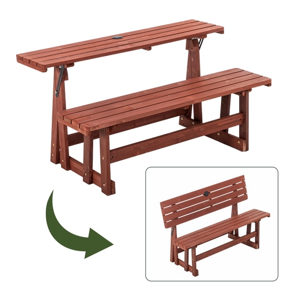 Thanaddo 2-in-1 Outdoor Convertible Wooden Picnic Table & Garden Bench with Built-in Umbrella Hole