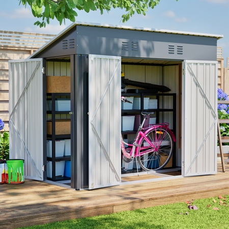 Thanaddo 8 x 4 ft Outdoor Metal Storage Shed, Galvanized Steel Shed with Floor Frame Kit, Lockable & Weatherproof, Small Garden Tool Shed for Backyard