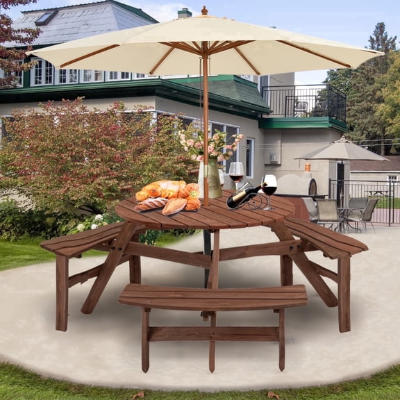 Thanaddo Natural Wood 6-Person Round Picnic Table 2200lb Capacity with 4 Attached Seats for Patio Garden Backyard, Brown