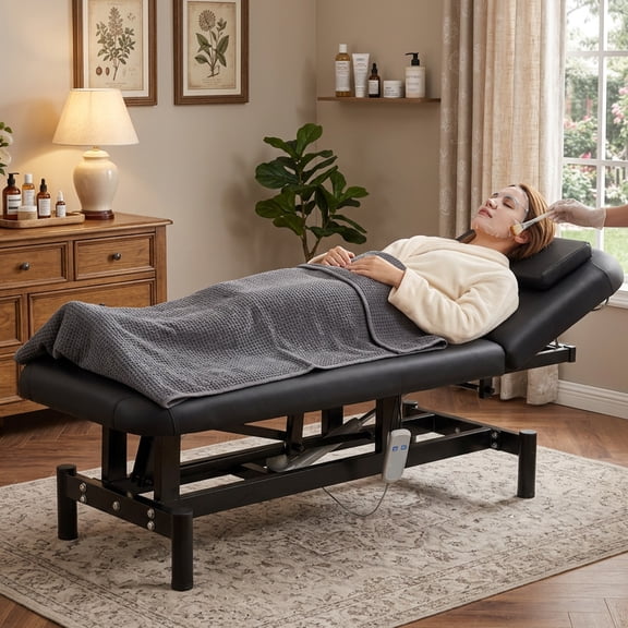 Thanaddo Professional Electric Massage Table 440LBS, Remote Adjustable Height & Backrest, Removable Headrest, Waterproof PU Leather Spa Tattoo Salon Bed , Black