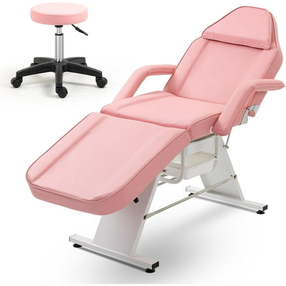 Thanaddo Tattoo Chair Facial Bed with Two Trays, Esthetician Bed Adjustable Folding Salon Bed with Hydraulic Stool Massage Bed for Professional Massage Facial Lash Beauty Treatment Spa, Pink