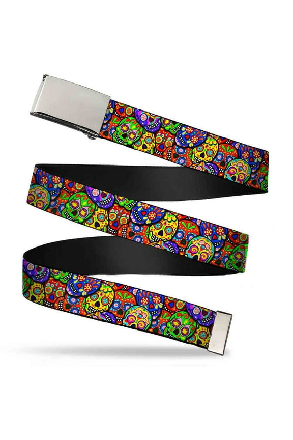 Adjustable Belt, Clamp Buckle, Cut-to-Fit, Colorful Calaveras Stacked Multi Color