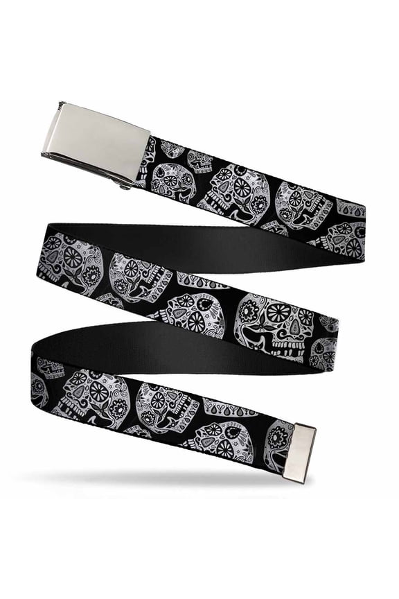 Adjustable Belt, Clamp Buckle, Cut-to-Fit, The Dust of Living II Sugar Skulls Black White