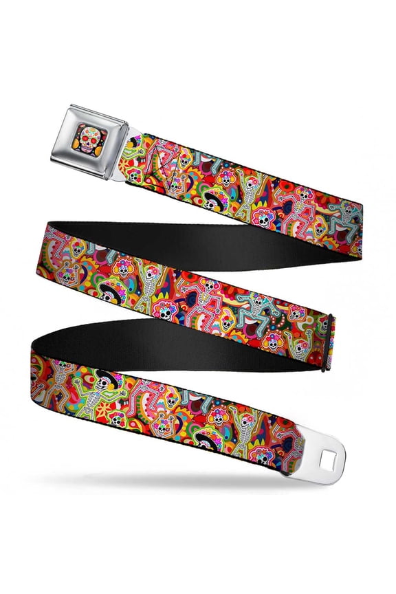 Belt, Seatbelt Buckle Belt, Dancing Catrinas Collage Multi Color, 30 to 44 Inches