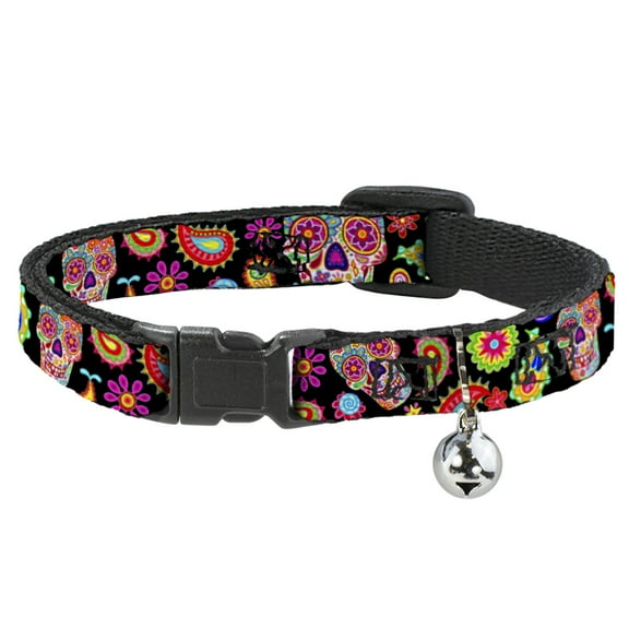 Thaneeya McArdle Breakaway Cat Collar With Bell, Plastic Clip, Easy Adjustable, Bobo Sugar Skull Paisley Black Multi Color, 8.5 to 12 Inches 0.5 Inch Wide