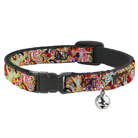 Thaneeya McArdle Breakaway Cat Collar With Bell, Plastic Clip, Easy Adjustable, Dancing Catrinas Collage Multi Color, 8.5 to 12 Inches 0.5 Inch Wide