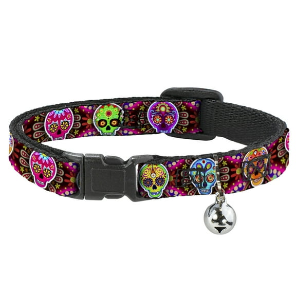 Thaneeya McArdle Breakaway Cat Collar With Bell, Plastic Clip, Easy Adjustable, Six Sugar Skulls Multi Color, 8.5 to 12 Inches 0.5 Inch Wide