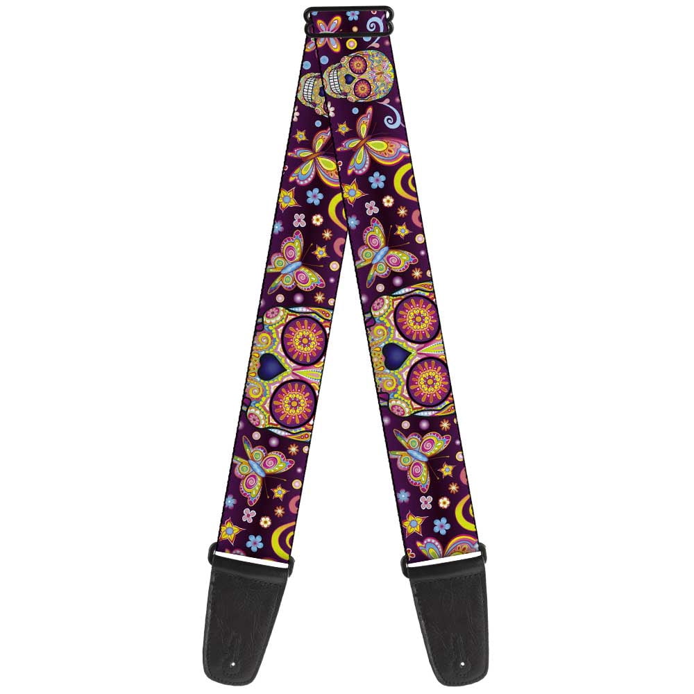 Thaneeya McArdle Guitar Strap, Mariposa Calaveras Butterflies Flowers Burgundy Multi Color, 2 Inches Wide