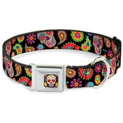 Thaneeya McArdle Pet Collar, Dog Collar Metal Seatbelt Buckle, Bobo Sugar Skull Paisley Black Multi Color, 9.5 to 13 Inches 1.0 Inch Wide