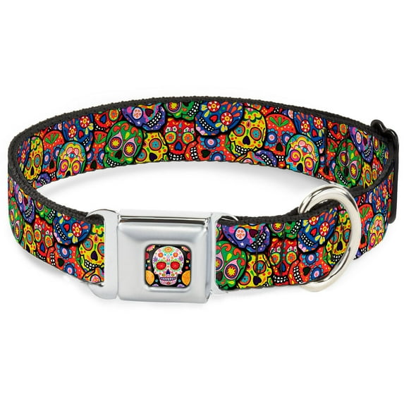 Thaneeya McArdle Pet Collar, Dog Collar Metal Seatbelt Buckle, Colorful Calaveras Stacked Multi Color, 16 to 23 Inches 1.5 Inch Wide
