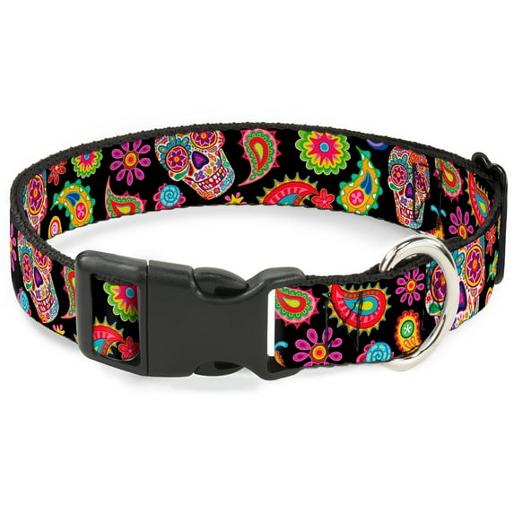 Thaneeya McArdle Pet Collar, Dog Collar Plastic Buckle, Bobo Sugar Skull Paisley Black Multi Color, 11 to 16.5 Inches 1.0 Inch Wide