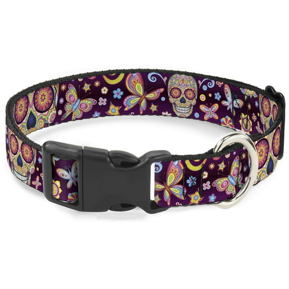 Thaneeya McArdle Pet Collar, Dog Collar Plastic Buckle, Mariposa Calaveras Butterflies Flowers Burgundy Multi Color, 7 to 8.5 Inches 0.5 Inch Wide