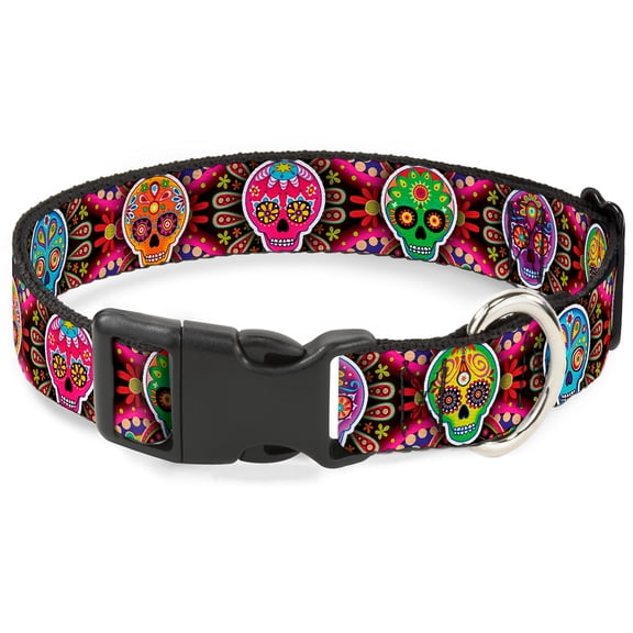 Thaneeya McArdle Pet Collar, Dog Collar Plastic Buckle, Six Sugar Skulls Multi Color, 11 to 16.5 Inches 1.0 Inch Wide