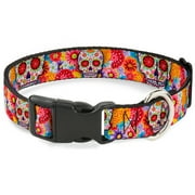 Thaneeya McArdle Pet Collar, Dog Collar Plastic Buckle, Sugar Skull Starburst White Multi Color, 7 to 8.5 Inches 0.5 Inch Wide