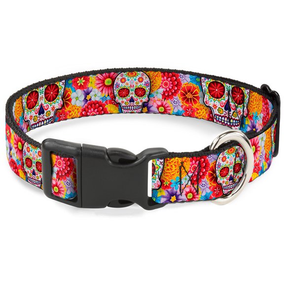 Thaneeya McArdle Pet Collar, Dog Collar Plastic Buckle, Sugar Skull Starburst White Multi Color, 9.5 to 14.5 Inches 0.5 Inch Wide