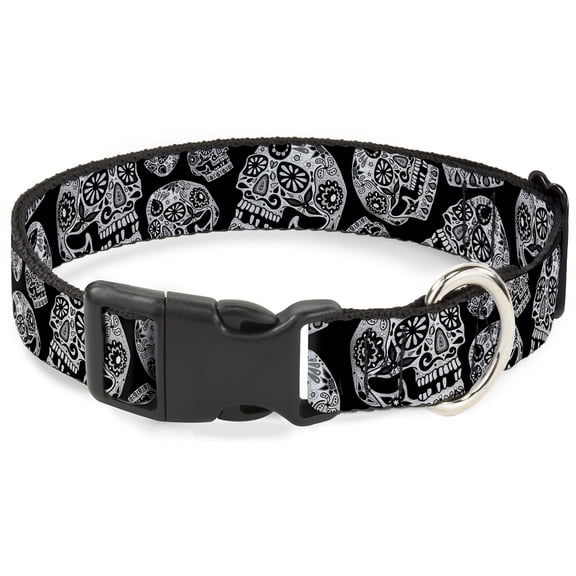 Thaneeya McArdle Pet Collar, Dog Collar Plastic Buckle, The Dust of Living II Sugar Skulls Black White, 7 to 8.5 Inches 0.5 Inch Wide