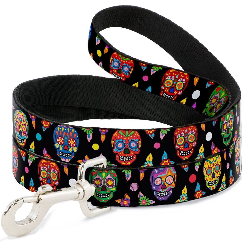 Thaneeya McArdle Pet Leash, Dog Leash, Colorful Calaveras Black Multi Color, 4 Feet Long 1.0 Inch Wide