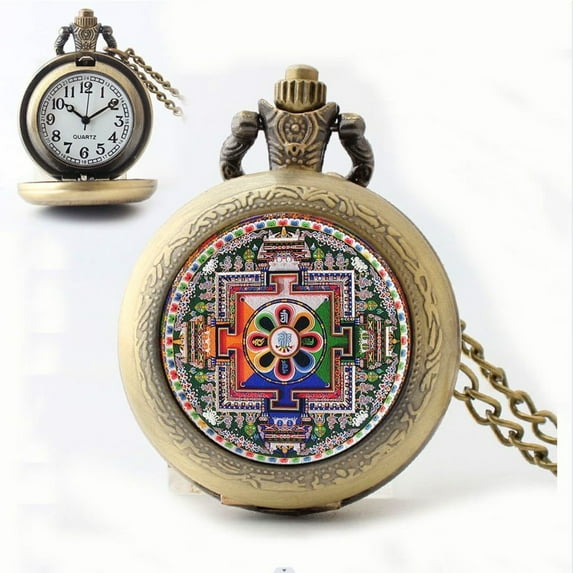 Thangka Pocket Watch Bronze Vintage Style Quartz Pendant Necklace Clock Tibetan Art Gift for Men Women Collectible 1pc