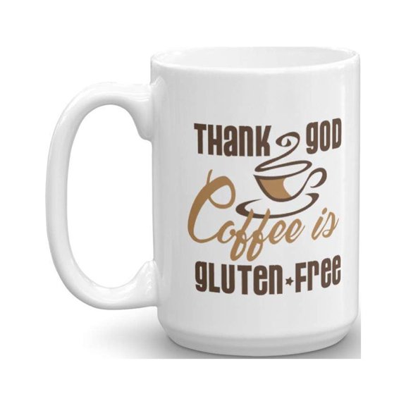 Thank God Coffee Is Gluten-free Funny Gluten Free Diet Themed Joke Coffee & Tea Gift Mug, Party Favors, Supplies, Accessories, Items, Stocking Stuffers & Food Related Gifts For Men & Women (15oz)