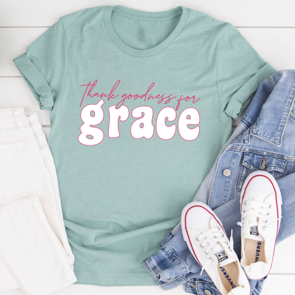 Thank Goodness for Grace Tee Heather Prism Dusty Blue S Peachy Sunday T-Shirt