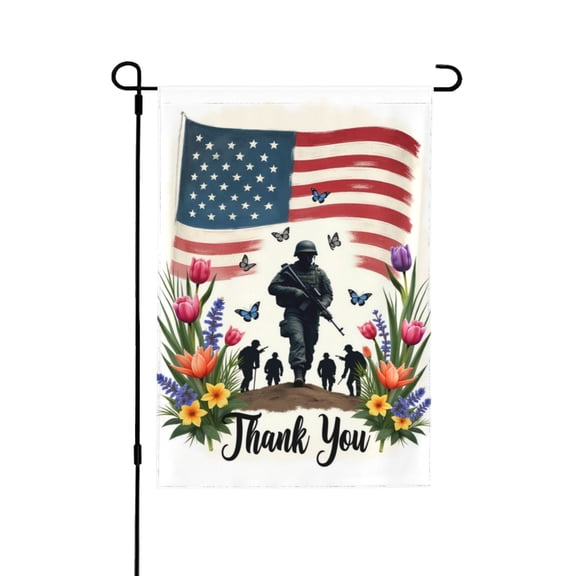 Thank You American Flag Garden Flag 12x18 Inch Double Sided Patriotic Soldier Flowers Butterfly Yard Flag Outdoor Decor Memorial Day Veterans Day Decoration
