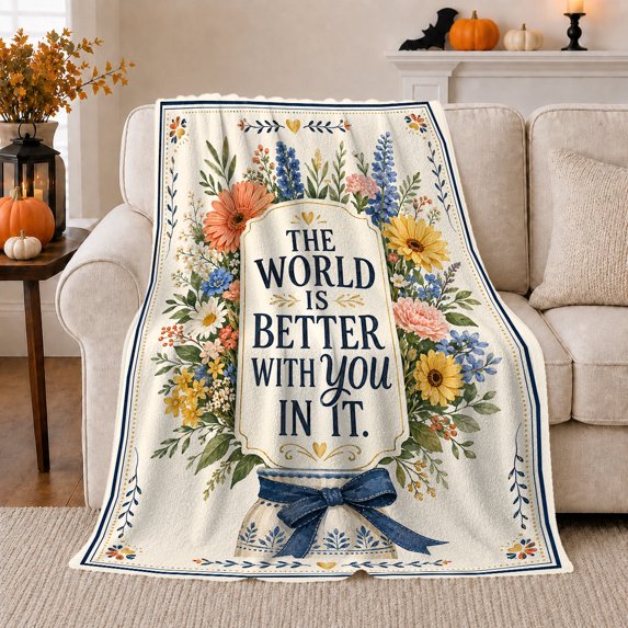 Thank You Appreciation Floral, Cozy Friendship Quote Scene, Warm Flannel Blanket for Living Room and Reading Nook, Art Lovers Thank You Gift, Artistic Home Decor