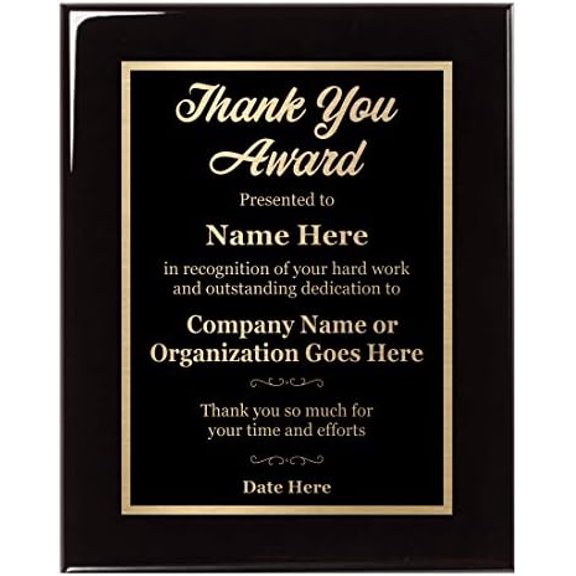Thank You Award 8x10 Plaque - Personalized Appreciation and Recognition - Executive Series Ebony Piano Wood Board, Customize Now!$$Office