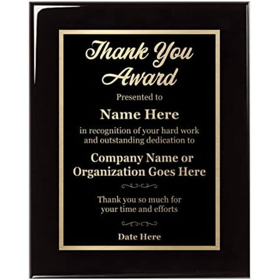 Thank You Award 8x10 Plaque - Personalized Appreciation and Recognition - Executive Series Ebony Piano Wood Board, Customize Now!$$Office