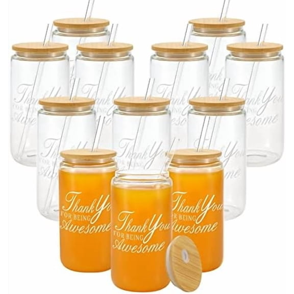 Thank You for Being Awesome Drinking Glass with Bamboo Lids and Glass Straw, 12 Pack Beer Glass Can Inspirational Appreciation Birthday Gifts Thank You Gifts for Women Men 16oz