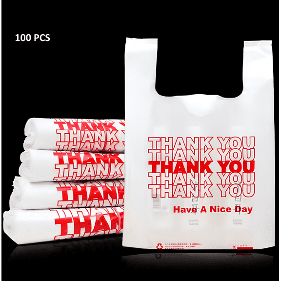 Thank You Bags, 100 Pcs, White Plastic, 11.5X6.5x22, Retail Shopping & Merchandising Bags