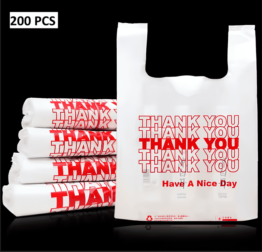 Thank You Bags, 200 Pcs, White Plastic Retail Shopping & Merchandising Bags BOSPHORA