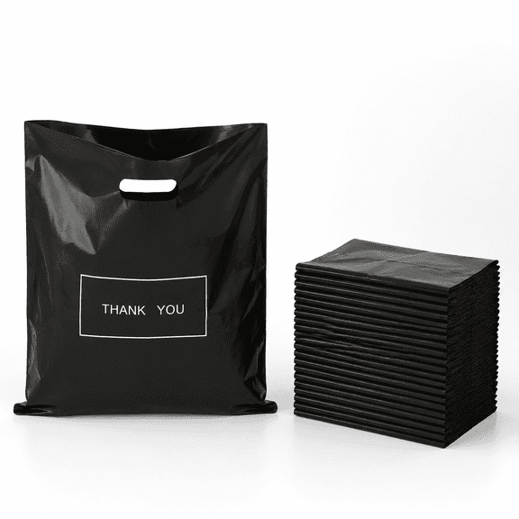 Thank You Bags for Small Business, 200pcs Black Plastic Retail Bags with Handles Large Reusable Merchandise Bags Bulk Shopping Boutique Bags for Stores Clothing Gift Packaging Supplies