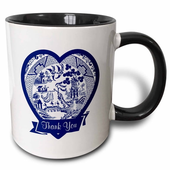3drose, Thank You- Blue Willow Pattern Heart with Text Ribbon on White, 11oz Two-tone Black Mug