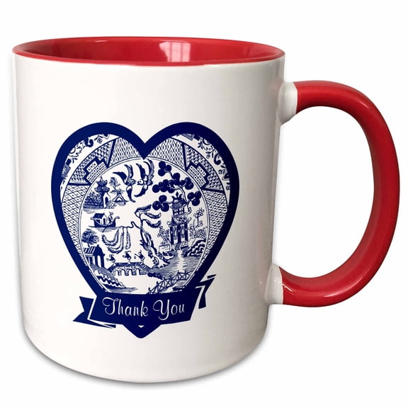 3drose, Thank You- Blue Willow Pattern Heart with Text Ribbon on White, 11oz Two-tone Red Mug