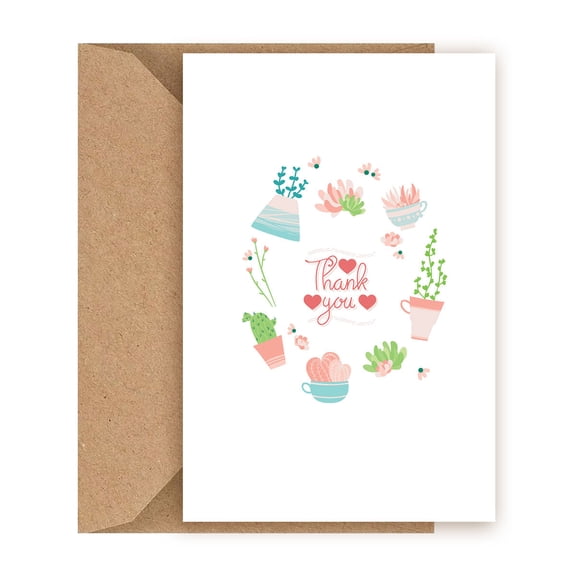 Thank You Card with Floral Design Charming Succulent & Flower Illustration Blank Inside, Envelope Included Perfect for Gratitude, Appreciation & Friendship Gifts
