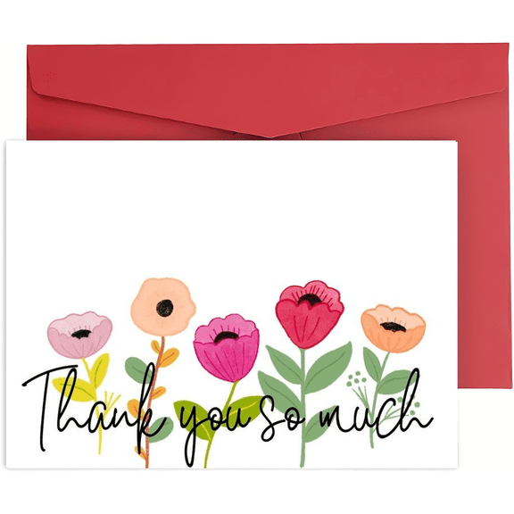 Thank You Card with Floral Design "Thank You So Much" Greeting Card Includes Red Envelope Perfect for Gratitude, Appreciation, and Special Occasions
