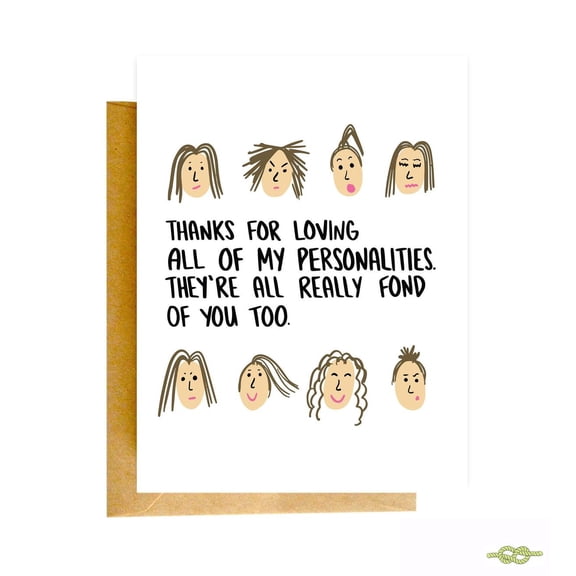 Thank You Card for Loving My Personalities – Whimsical Design with Humorous Characters – Blank Inside – Perfect for Friends, Family, or Significant Others